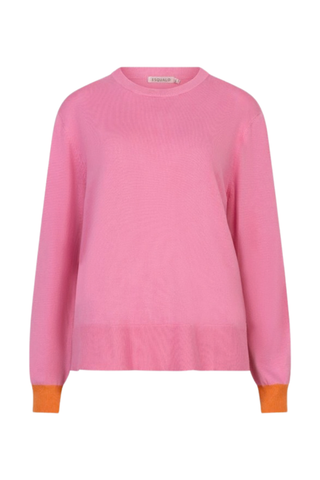 EsQualo SP2607009 Pink Fine Knit Crew Neck Sweater with Contrast Detail  Pink sweater with orange cuffs on a white background
