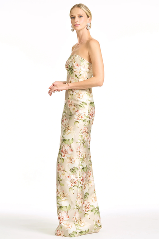 Sachin & Babi Sophia Gown - Pewter Camellia S263G39-287  Woman wearing a floral strapless gown on a white background