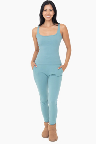 Mono B Square Neck Ribbed Tank Top - Grey Teal