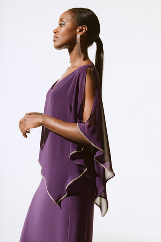 Silky Knit Chiffon Layered Gown with Cape