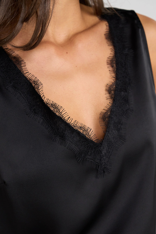 V-Neck Woven Tank with Lace Trim - Black Liverpool LM8M20PS6