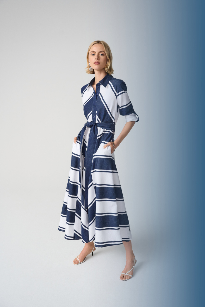 Ribkoff 261936 Cotton Stripe Print Fit and Flare Shirt Dress with Reversible Sash
