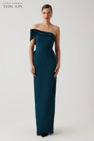 Dark Teal Off-Shoulder Column Gown | Velvet Bow