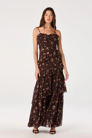 ASTR Journee Tiered Maxi Dress ACDR103524 Chocolate Floral