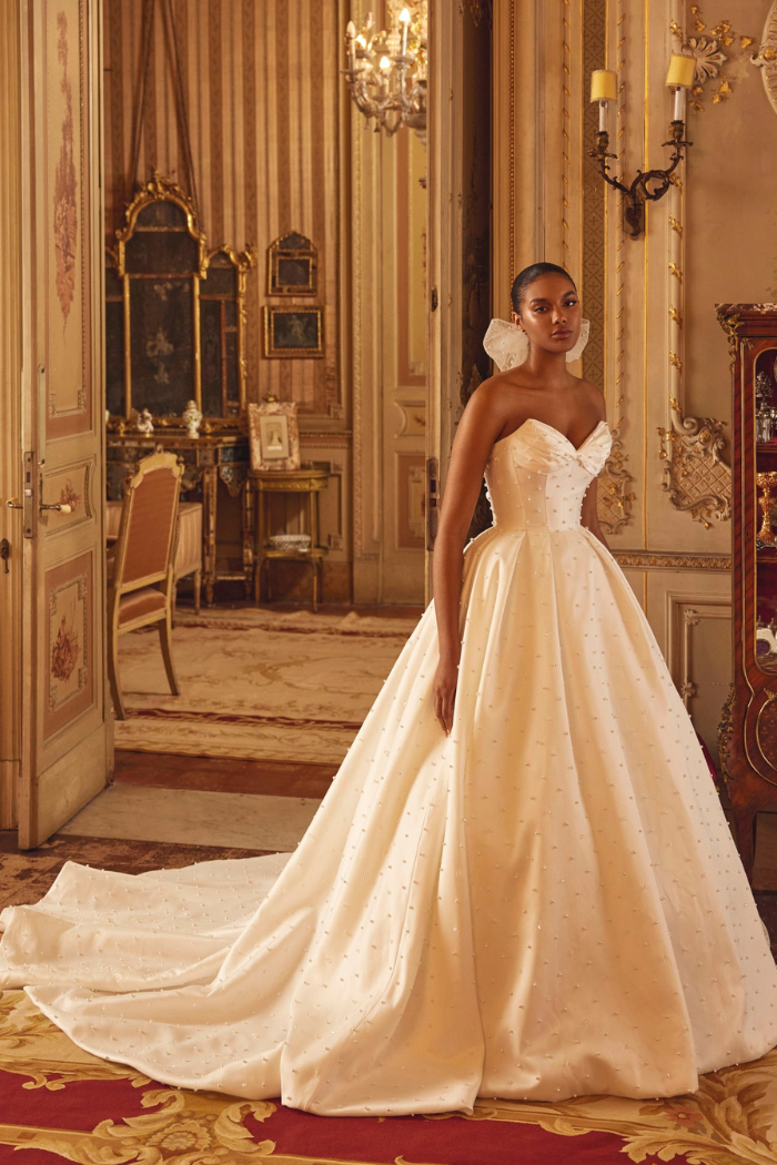 gold and white ball gown wedding dress Amaryllis: Strapless Lace Ball Gown Wedding Dress with Semi-Sheer Bodice and Detachable Sleeves