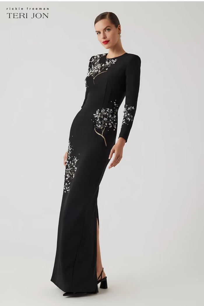 teri jon black lace dress 3/4 Sleeve Lace Fit And Flare Dress with Bow