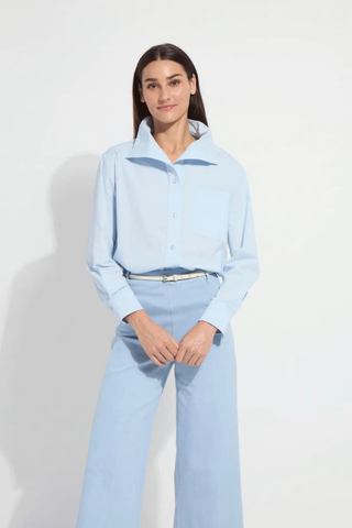 Lyssé Erin Wide Leg Denim - Antique Wash Chalk Blue 10-3209-M9 Woman wearing a light blue outfit on a white background