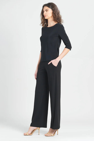 Clara Sunwoo Scoop Neck Half Sleeve Top - Black T77 Woman wearing a black outfit on a white background