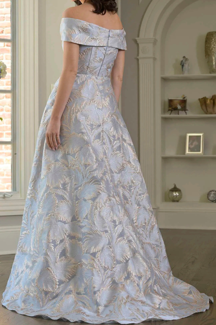 Marsoni MV1382 Jacquard Off-Shoulder Gown with Detachable Overskirt