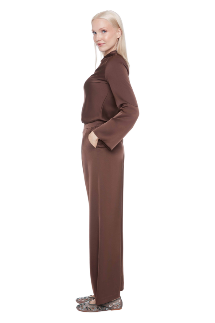 Fiona Solid Satin Wide-Leg Full-Length Pant - Brown 526053