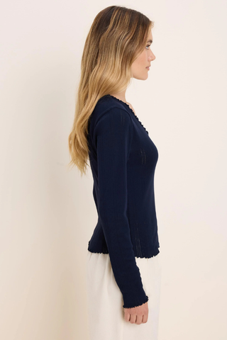 Pointelle Rib Cleo Long Sleeve Tee BNZF263002 Dark Indigo