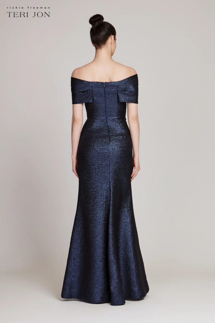 navy metallic jacquard dress Noir Midnight Navy Square Neck Floral Metallic Jacquard Midi Dress in Noir Midnight Navy (Print)
