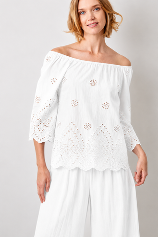 Suzy D Whimsy Broderie Anglais Bardot Wide Sleeve Top