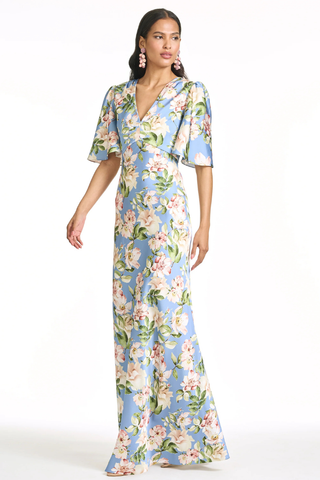 Sachin & Babi Mae Gown - Twilight Camellias S262G31-494 Woman wearing a floral dress with a white background