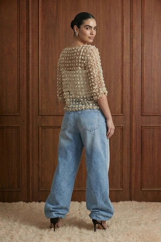 Floral Guipure Pearl-Embellished Overlay Top - Gold