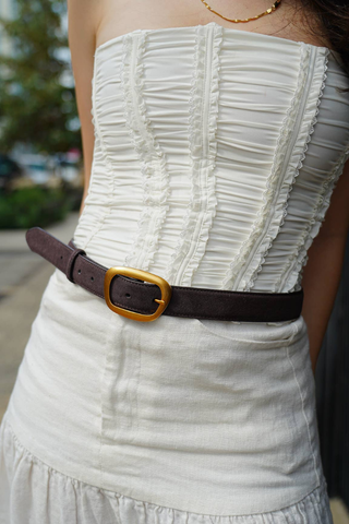 Suede Belt with Organic Shape Buckle - Chocolate