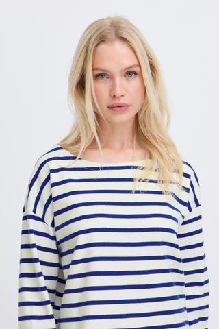 Woman wearing a blue and white striped shirt against a plain background b young BYRamsi Pullover
