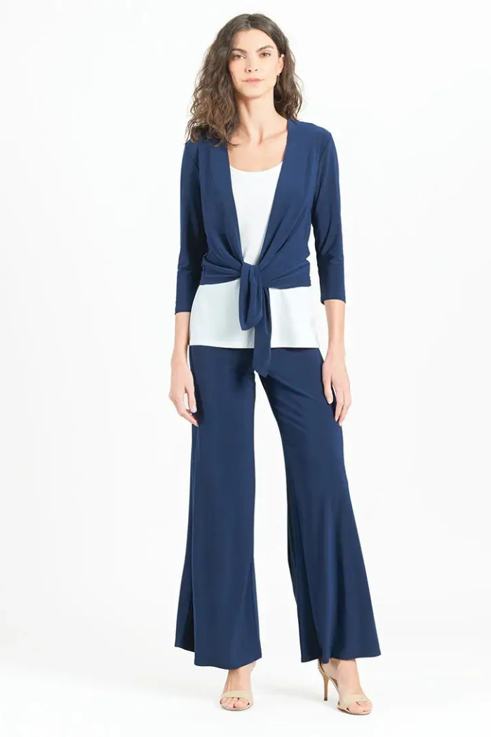 Modern Navy Tie Front Cardigan - Wrinkle-Free Travel Knit
