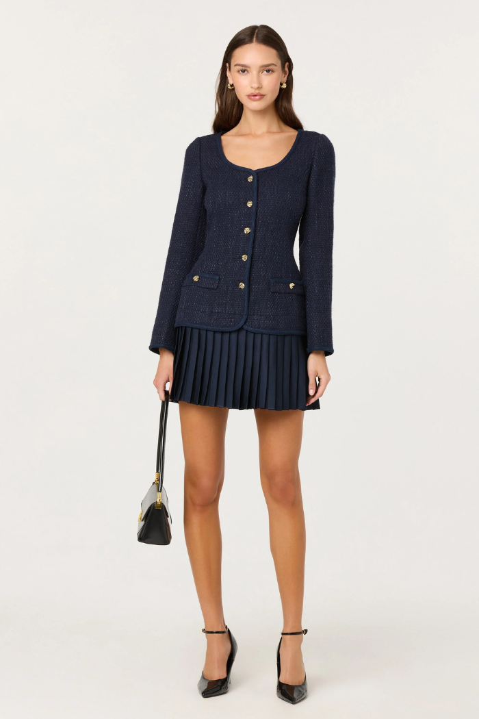 pleated skirt mini dress Haddy Pleated Mini Dress in Navy