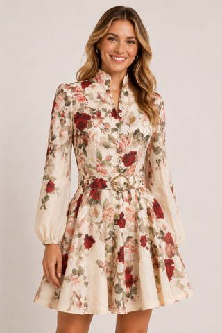 Floral Rose Belted Short Dress oo la la M10506-IVORY