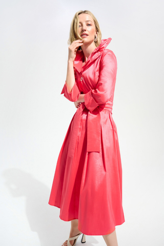 Ribkoff 261719 Signature | Stretch Taffeta Fit And Flare Dress With Lapel Collar Woman wearing a pink raincoat on a white background