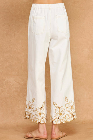 Strut & Bolt Floral Cut-Out Embroidery Twill Pants Off White P-3581-P