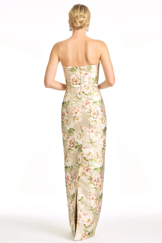 Sachin & Babi Sophia Gown - Pewter Camellia S263G39-287  Woman wearing a strapless floral gown on a white background