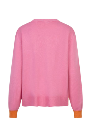 EsQualo SP2607009 Pink Fine Knit Crew Neck Sweater with Contrast Detail Pink sweater with orange cuffs on a white background