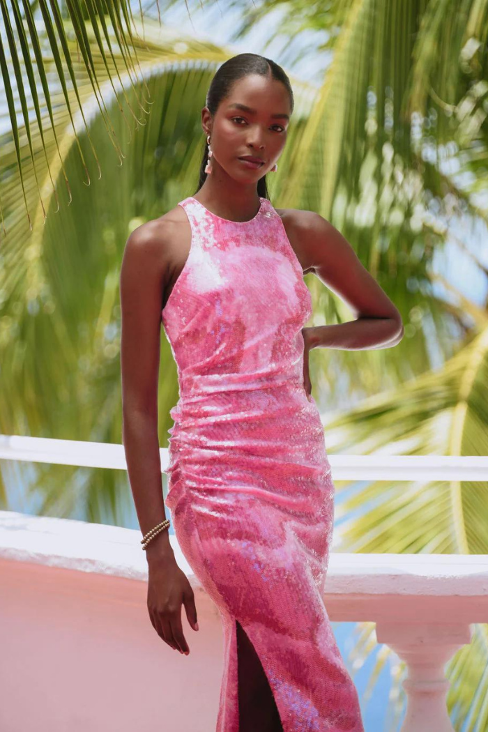 the pink dress Hutch Perla Pink Sequin Ruched Midi Dress – The Dressing Room