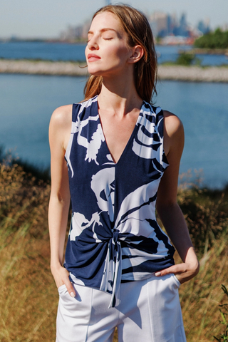 Clara Sunwoo Abstract V-Neck Front Tie Sleeveless Soft Knit Top T49P29