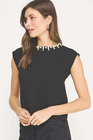Strut & Bolt Pearl Jeweled Trim Knit Top - Black SSB-TK-40086-L-2