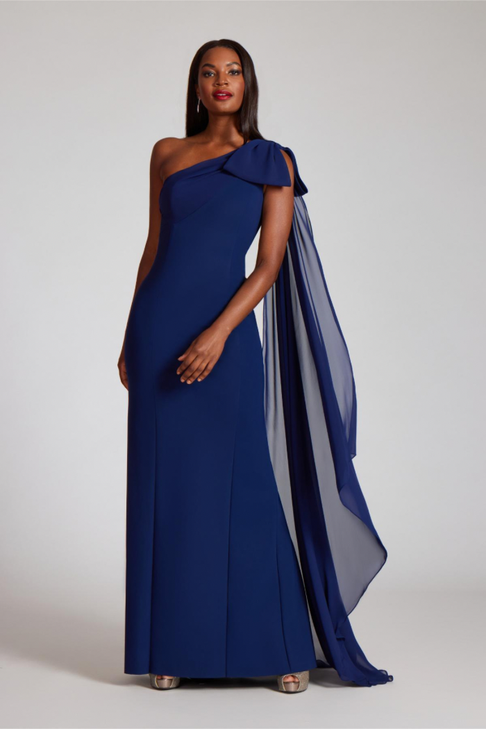 One Shoulder Scuba Gown with Chiffon Cape