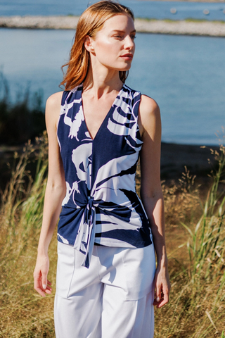 Clara Sunwoo Abstract V-Neck Front Tie Sleeveless Soft Knit Top T49P29