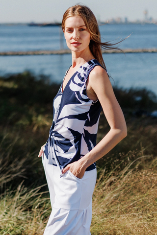 Clara Sunwoo Abstract V-Neck Front Tie Sleeveless Soft Knit Top T49P29