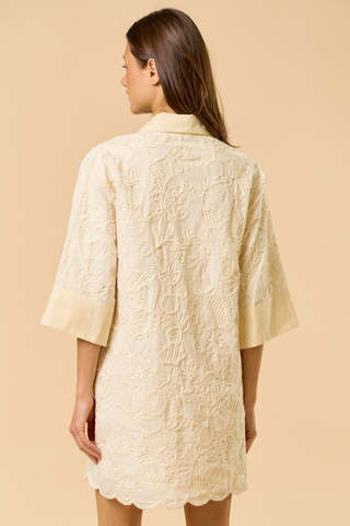 lalavon ILD6244 Cream Embroidered Collared Mini Dress  Woman wearing a beige lace dress against a beige background