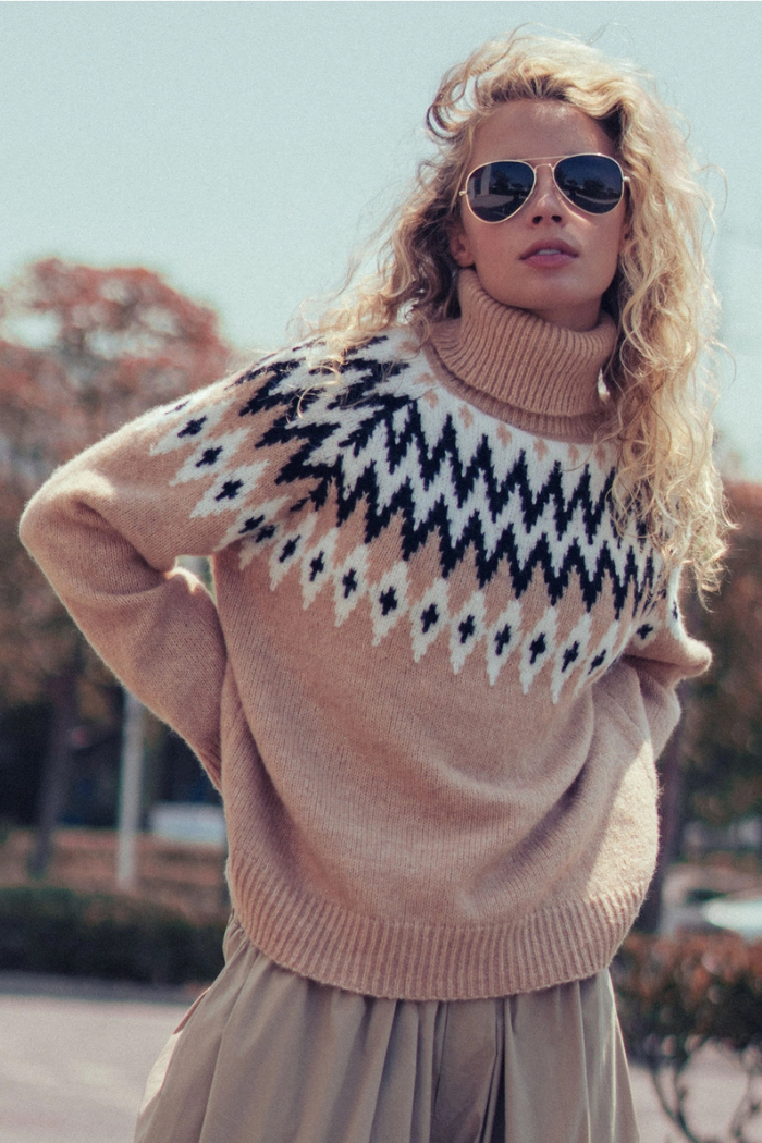 Urban Daizy Fair Isle Knit Turtleneck Sweater Taupe Multi
