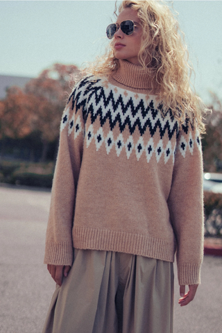 Urban Daizy Fair Isle Knit Turtleneck Sweater Taupe Multi