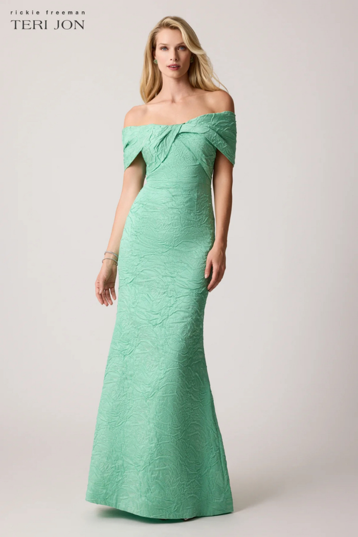 Teri Jon Mint Green Off-the-Shoulder Twist Gown | Jacquard Dress The Dressing Room Teri Jon Mint Green Off-the-Shoulder Twist Gown | Jacquard Dress The Dressing Room