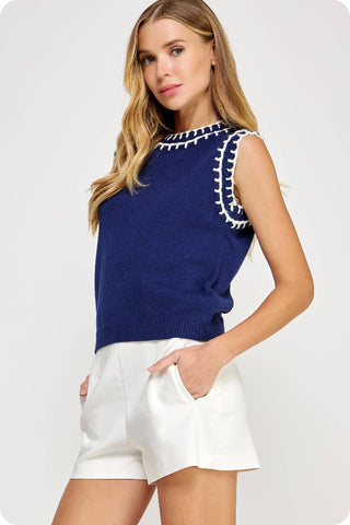 Strut & Bolt Embroidered Sleeveless Knit Tank Top  TK-4892-H-6 Navy/White