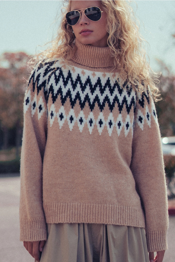 Urban Daizy Fair Isle Knit Turtleneck Sweater Taupe Multi