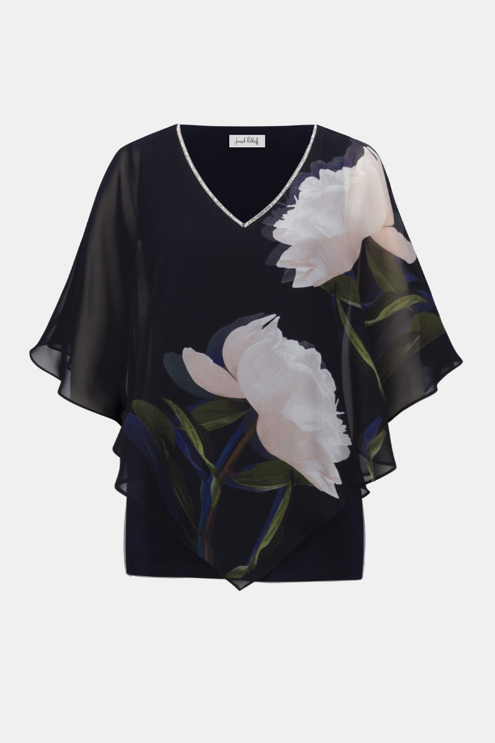 Ribkoff Signature | Chiffon & Silky Knit Floral Print Poncho Top 254731