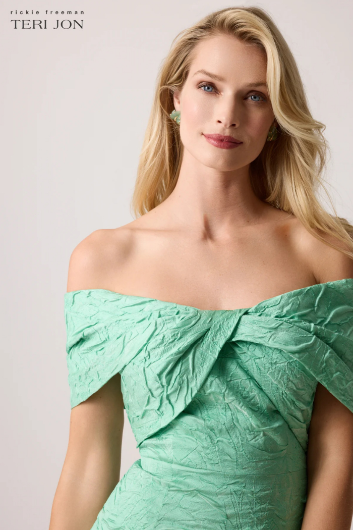 Teri Jon Mint Green Off-the-Shoulder Twist Gown | Jacquard Dress The Dressing Room Teri Jon Mint Green Off-the-Shoulder Twist Gown | Jacquard Dress The Dressing Room