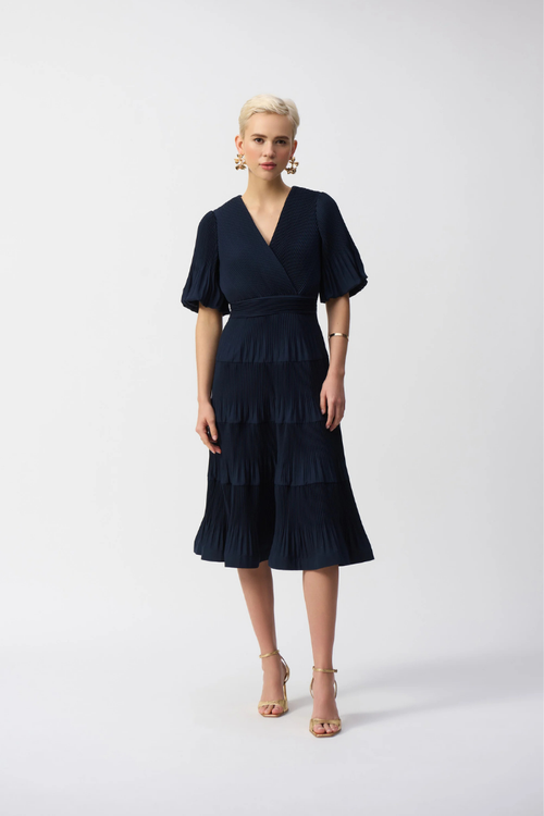 Pleated Woven Fit & Flare Dress | Navy Blue Wedding Guest Dress