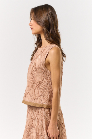 lalavon ILT5200 Mocha Textured Sleeveless Blouse  Woman wearing a pink lace dress against a white background