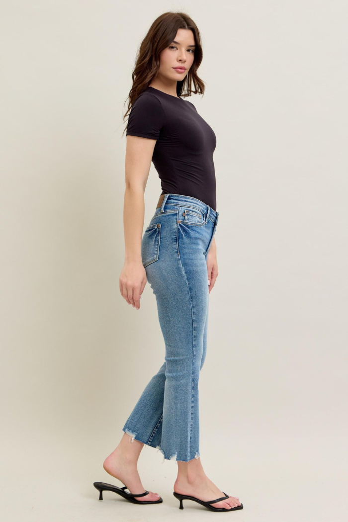 Judy Blue Mid Rise Vintage Wash Destroy Hem Kick Flare Jeans