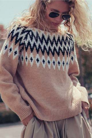 Urban Daizy Fair Isle Knit Turtleneck Sweater Taupe Multi