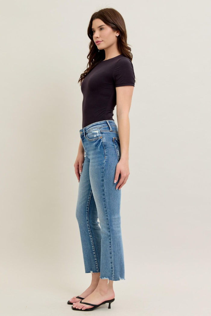 Judy Blue Mid Rise Vintage Wash Destroy Hem Kick Flare Jeans
