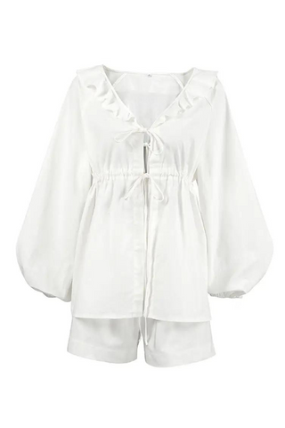Flounce Puff Sleeves String Tie Top and Shorts Set