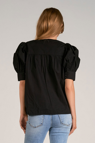 Puff Sleeve Ladder Trim V-Neck Top