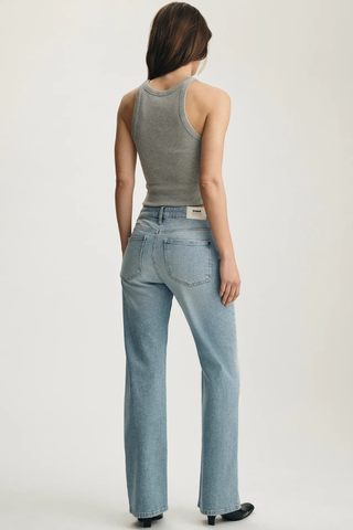 Mavi Ibiza Loose Straight Leg Jeans M1010530-A1567 Person wearing a gray tank top and light blue jeans on a plain background